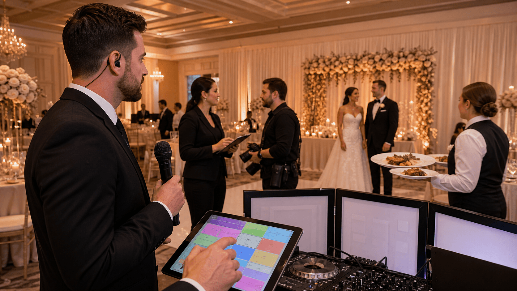 Microphone on a stand beside a clipboard schedule, warm golden bokeh lights and blurred banquet tables in background