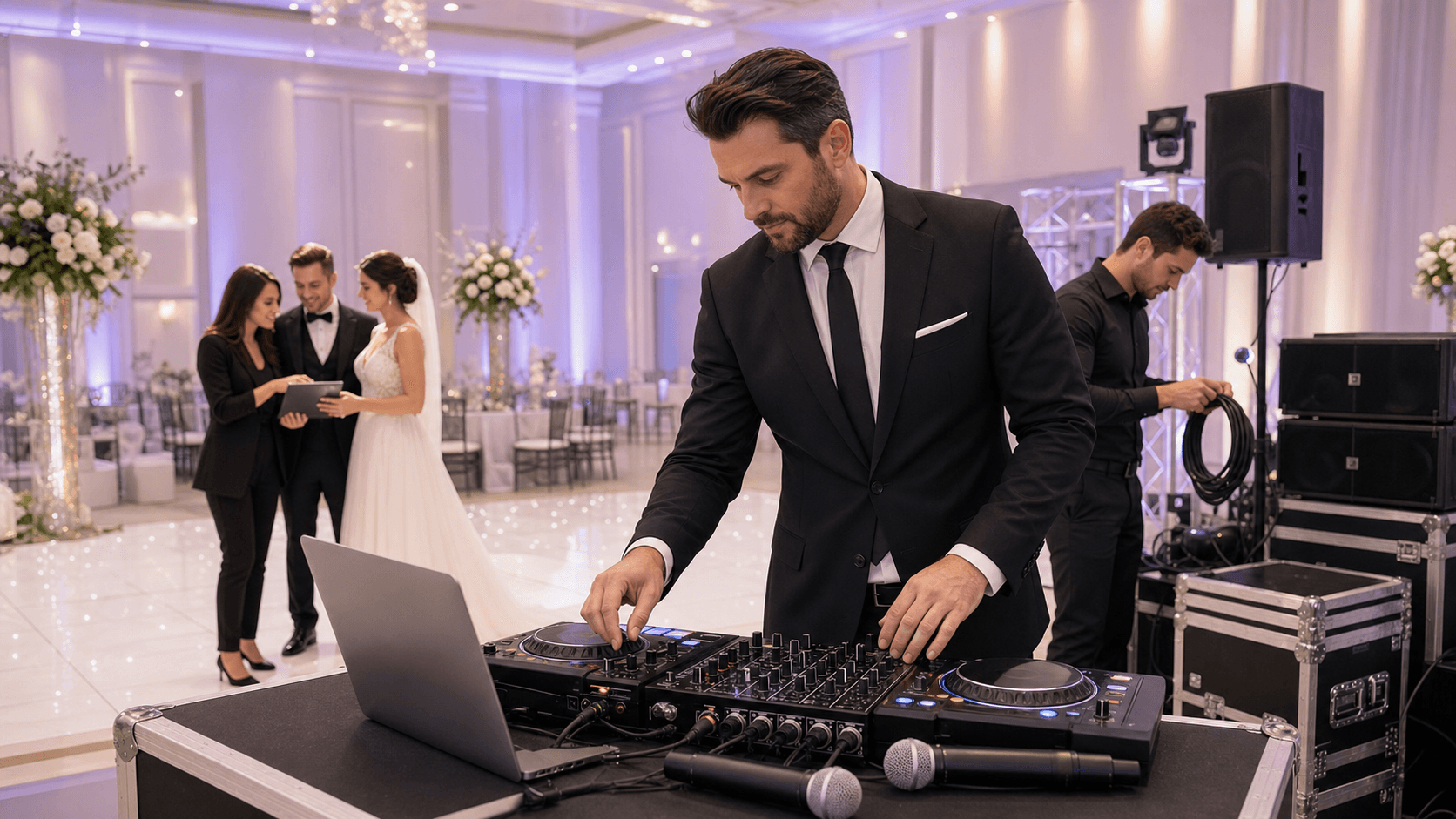 DJ mixing on a laptop and turntable beside a wedding dance floor, warm lights and guests blurred in the background