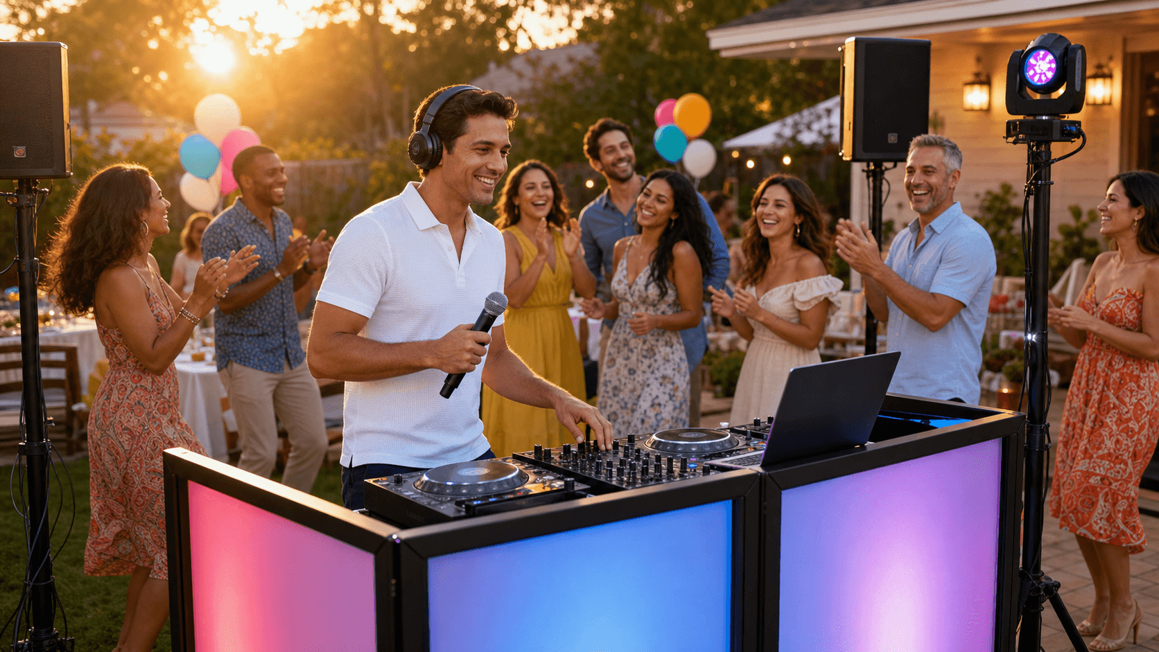 Colorful backyard party with a DJ at turntables, kids dancing on grass under string lights and balloons